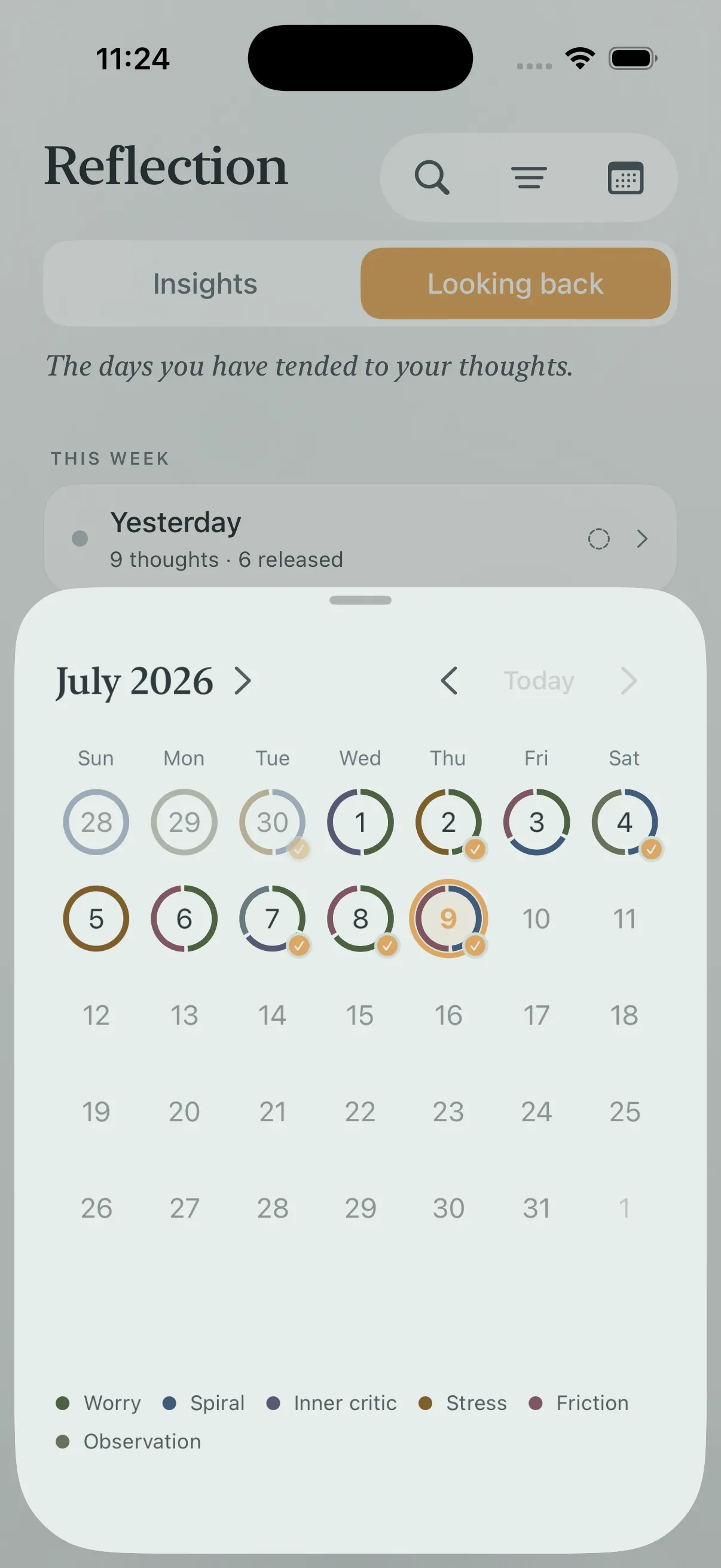 The Loam looking back calendar showing your thought tending history