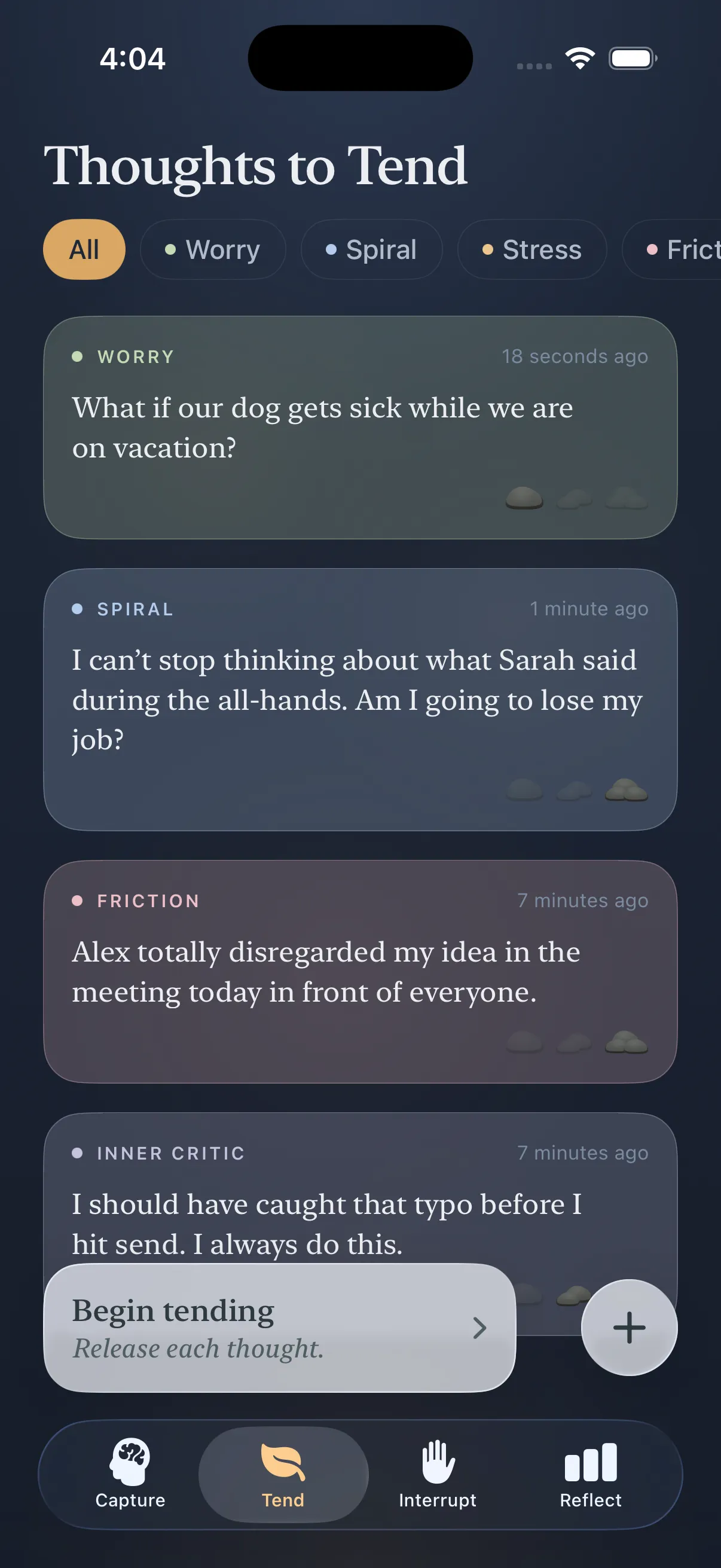 The Loam thoughts to tend list screen showing all captured thoughts