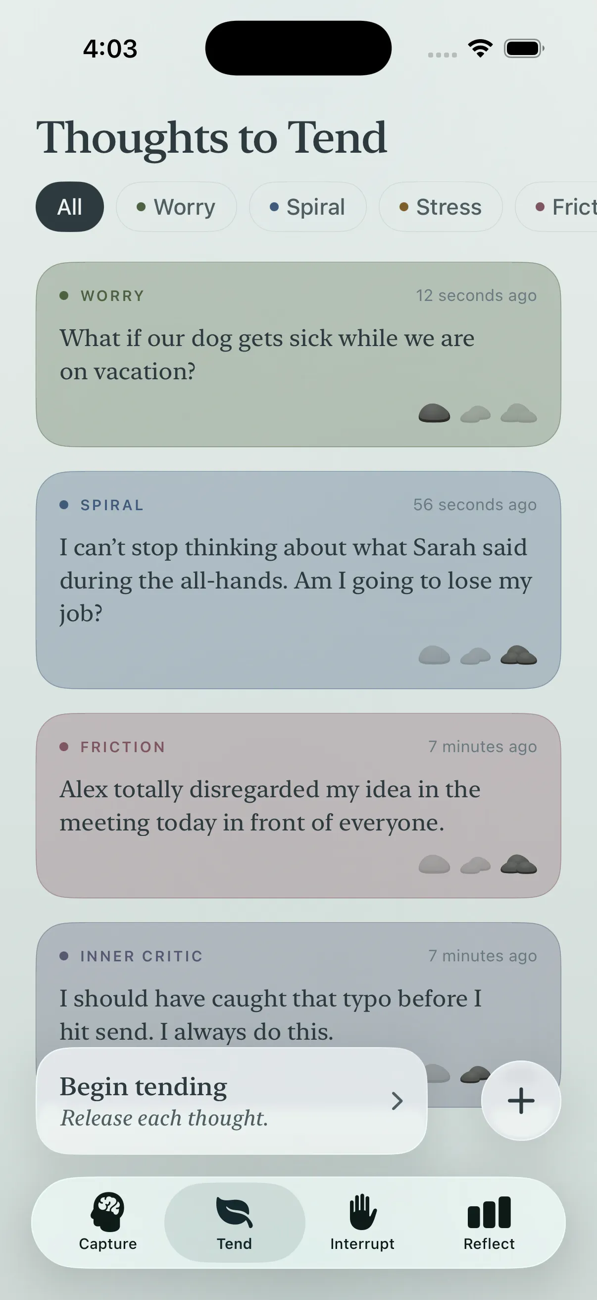 The Loam thoughts to tend list screen showing all captured thoughts